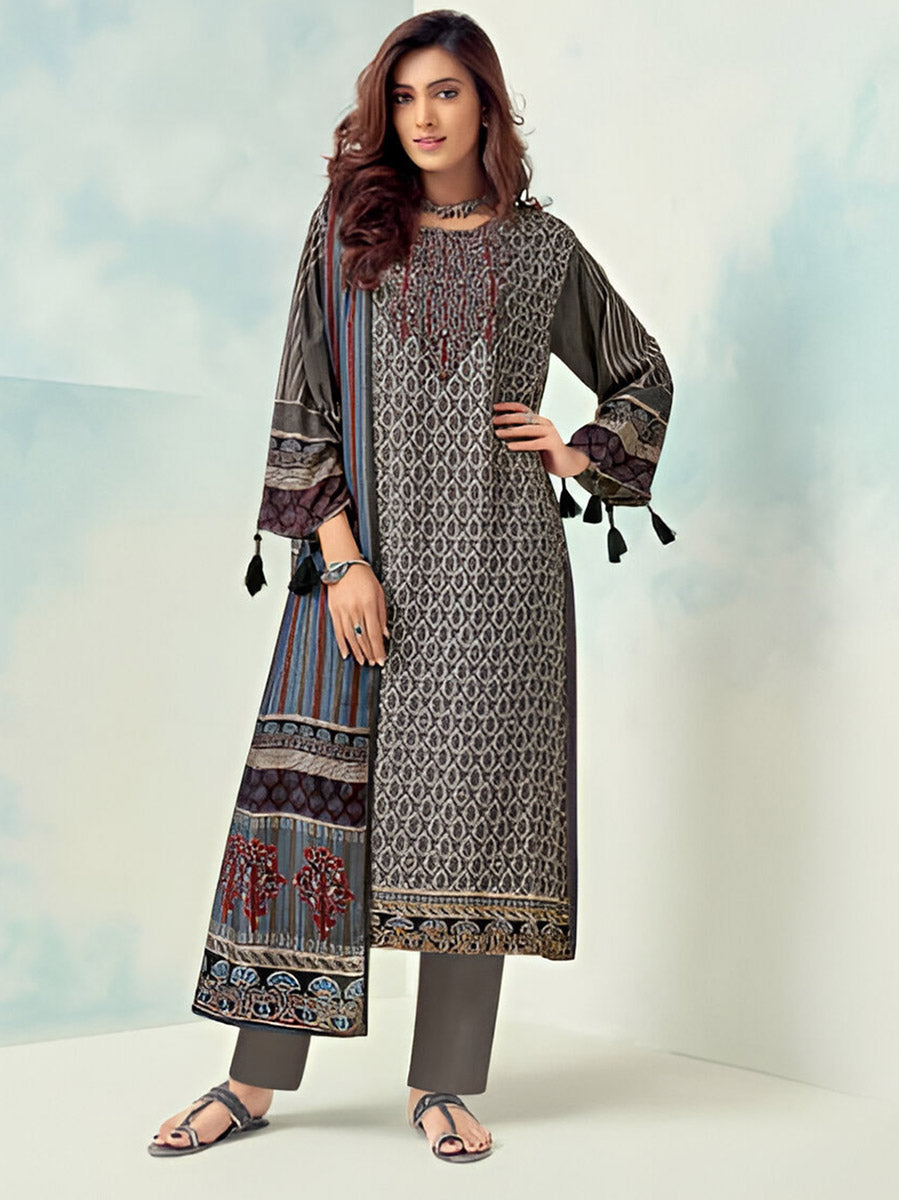 Grey Unstitched Printed Muslin Silk Suit Dress Material for Women SARG