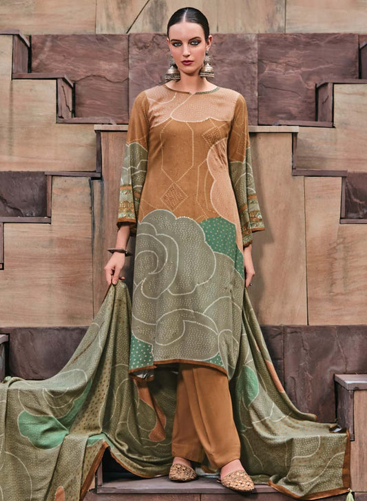 Brown Winter Woolen Unstitched Suit Dress Material for Women