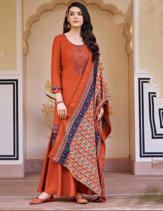 Pashmina Red Unstitched Winter Suits With Printed Dupatta Alok Suit