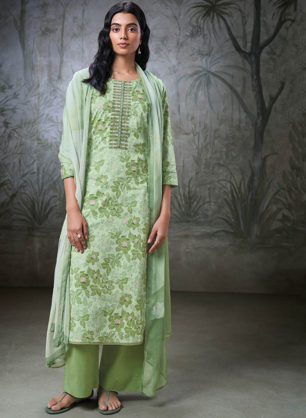 Ganga Green Pure Cotton Unstitched Suit Material for Women Ganga