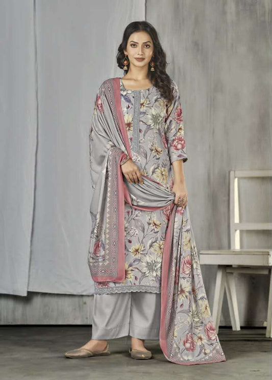 Rivaa Grey Unstitched Pashmina Winter Suit Material Fabric for Women