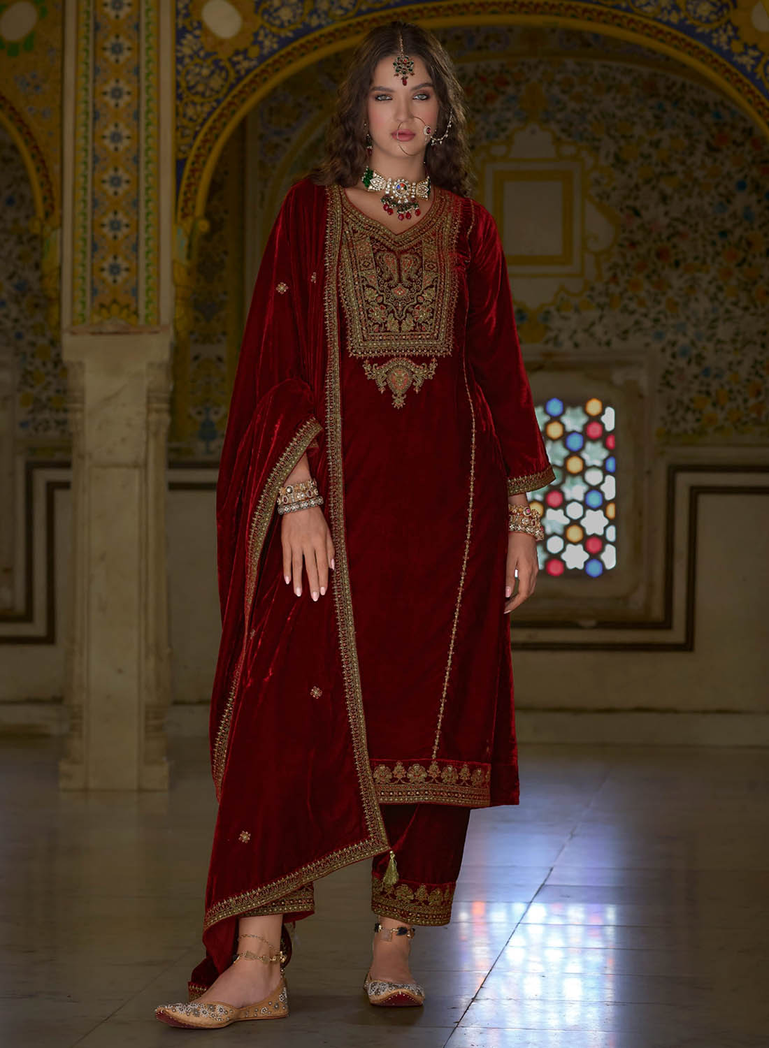 Kilory Party Wear Red Unstitched Winter Velvet Suit Material for Women