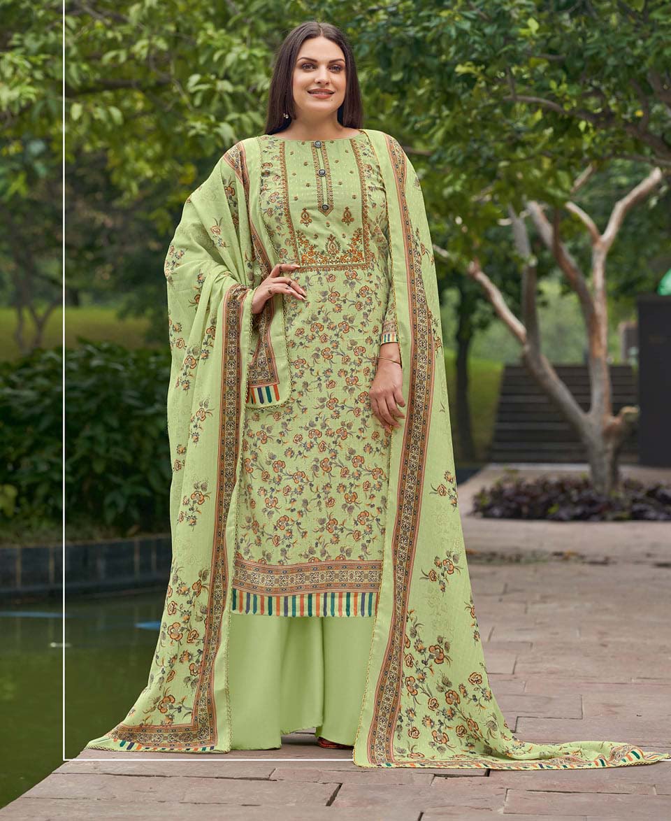 Unstitched Printed Women Green Cotton Suits With Self Embroidery Alok Suit