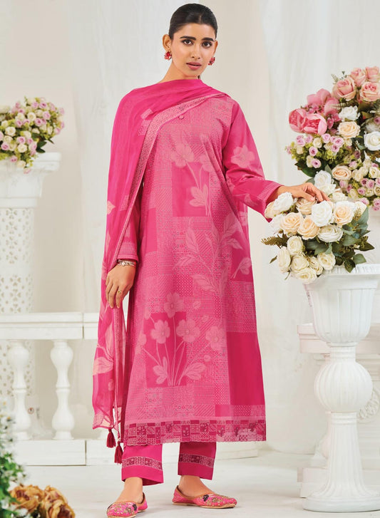 Pink Unstitched Pure Lawn Cotton Suit Dress Material with Embroidery