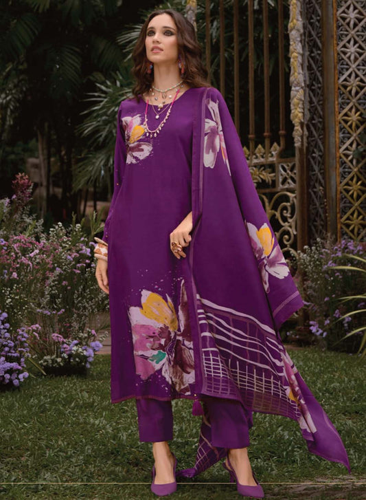 Purple Unstitched Pashmina Winter Suit Dress Material with Fancy Embroidery