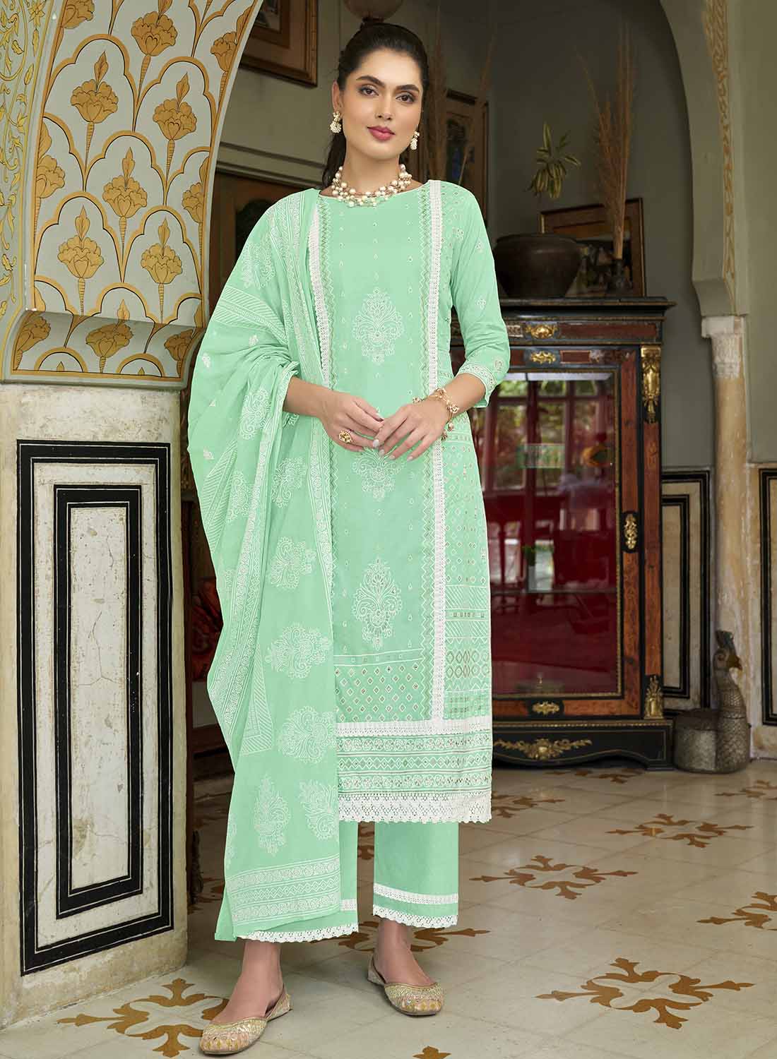 Alok Pure Cambric Cotton Printed Unstitched Suit with Fancy Lace Work