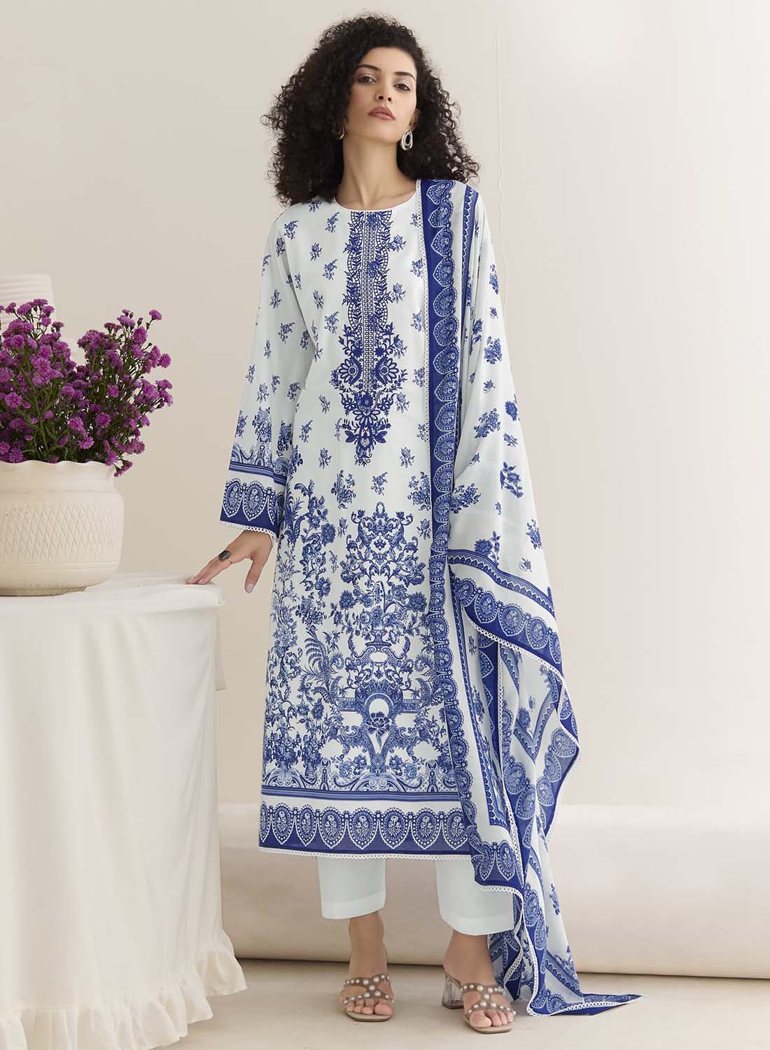 White Pure Cotton Lawn Unstitched Suit Dress Material for Women