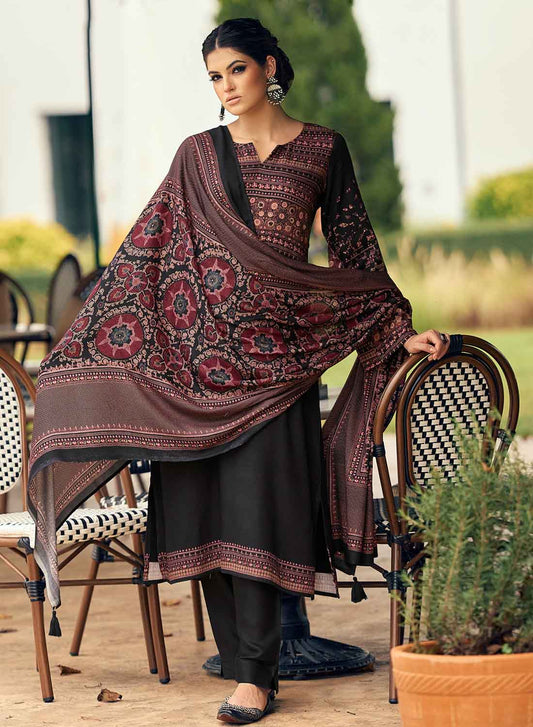 Black Unstitched Pashmina Winter Suit Material with Shawl Dupatta