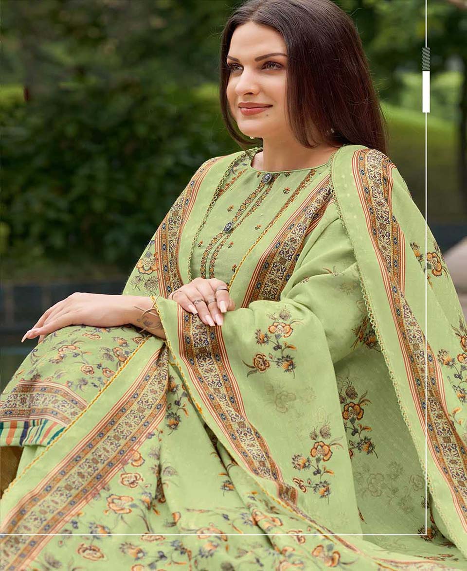 Unstitched Printed Women Green Cotton Suits With Self Embroidery Alok Suit