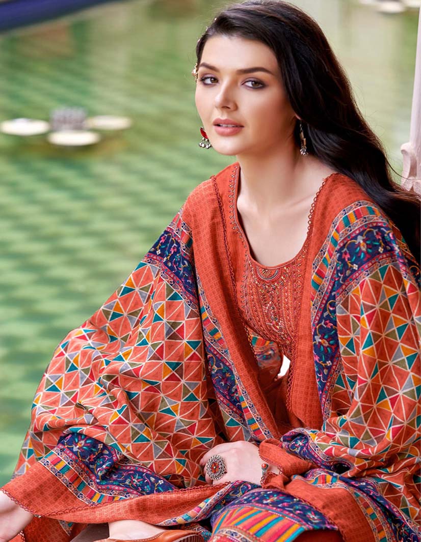 Pashmina Red Unstitched Winter Suits With Printed Dupatta Alok Suit