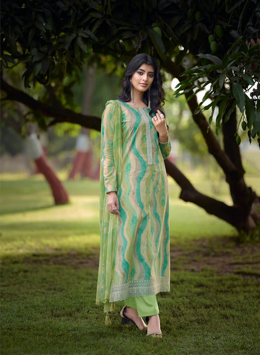 Kilory Unstitched Lawn Cotton Suit Set with Chiffon Dupatta Green