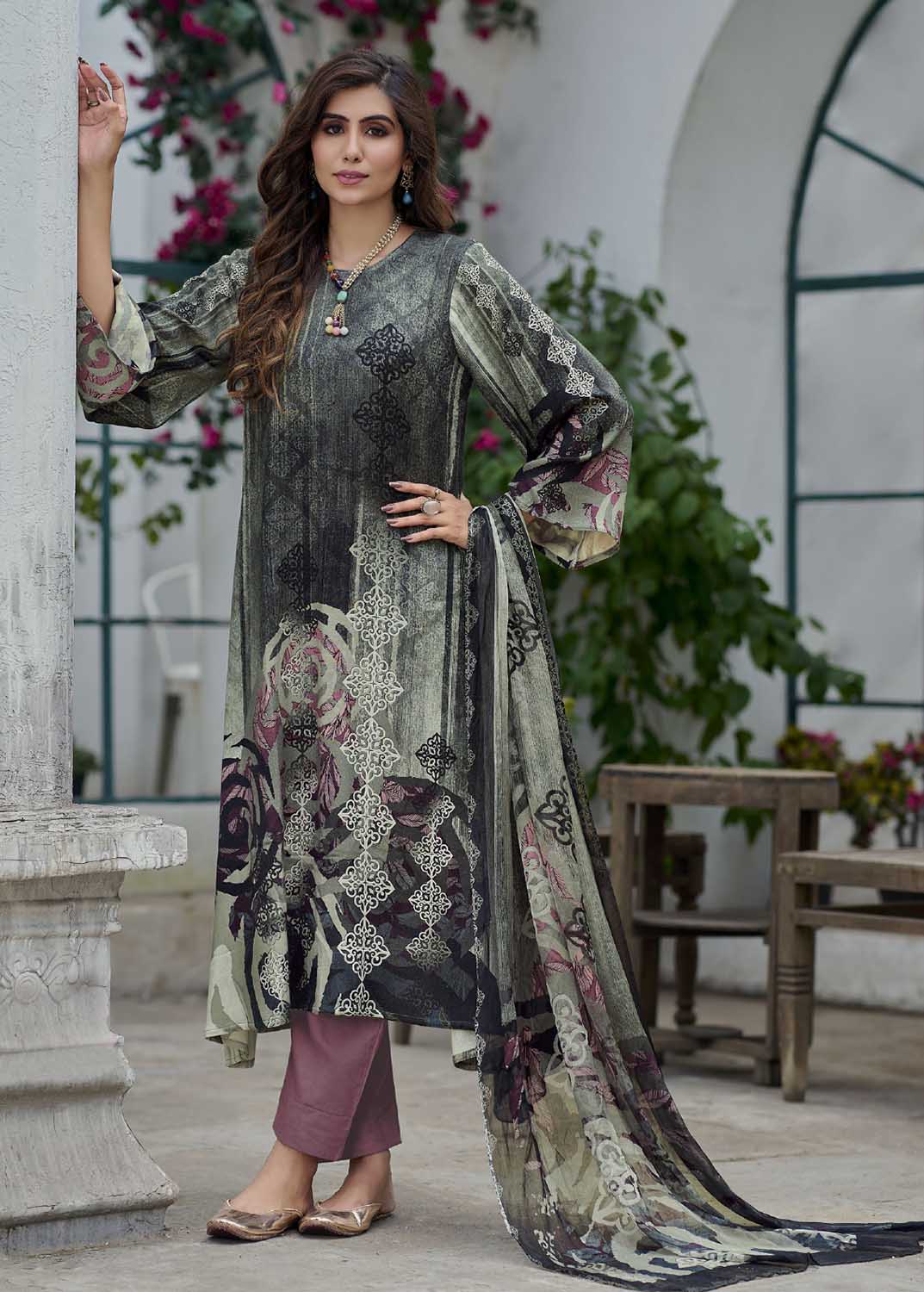 AQSA Pure Woolen Pashmina Black Winter Salwar Suit Dress Materials AQSA