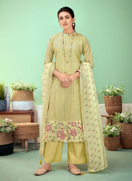 Pure Lawn Cotton Women Salwar Suit Unstitched Olive Green