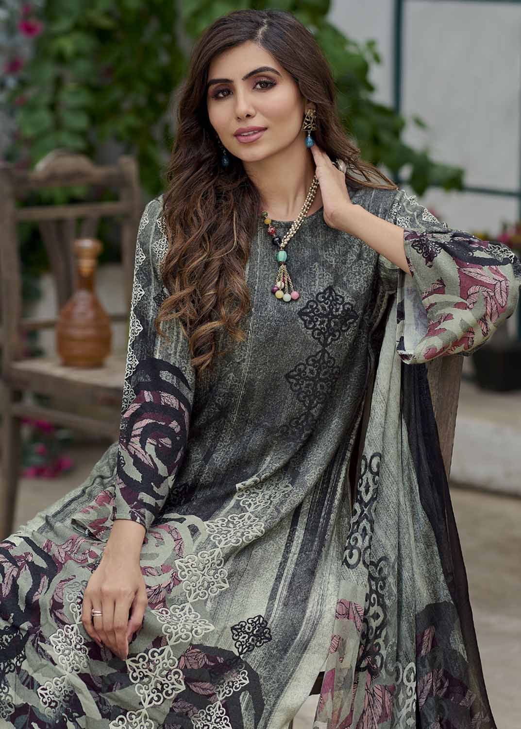 AQSA Pure Woolen Pashmina Black Winter Salwar Suit Dress Materials AQSA