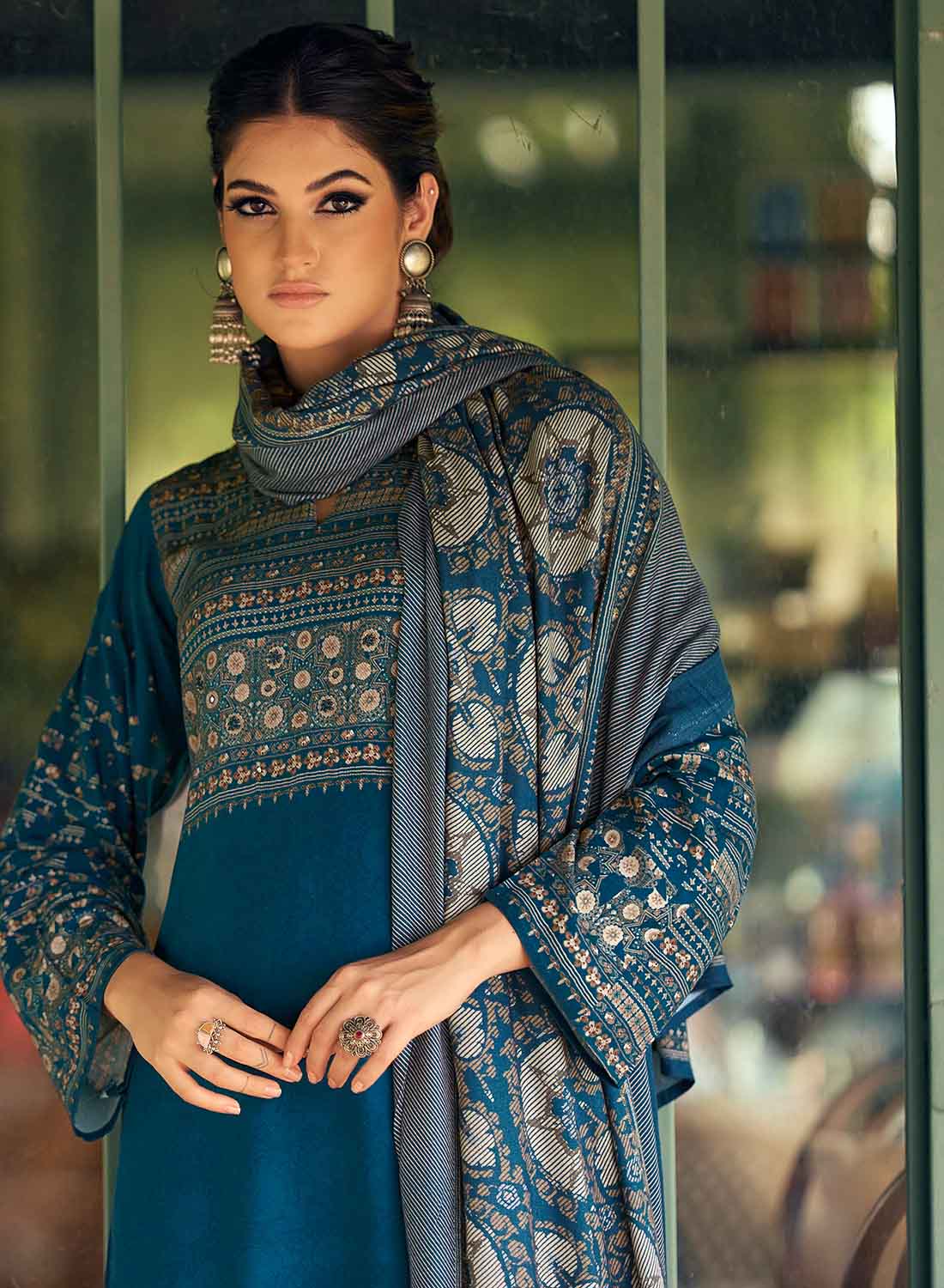 Women's Blue Unstitched Pashmina Winter Suit Material with Shawl Dupatta