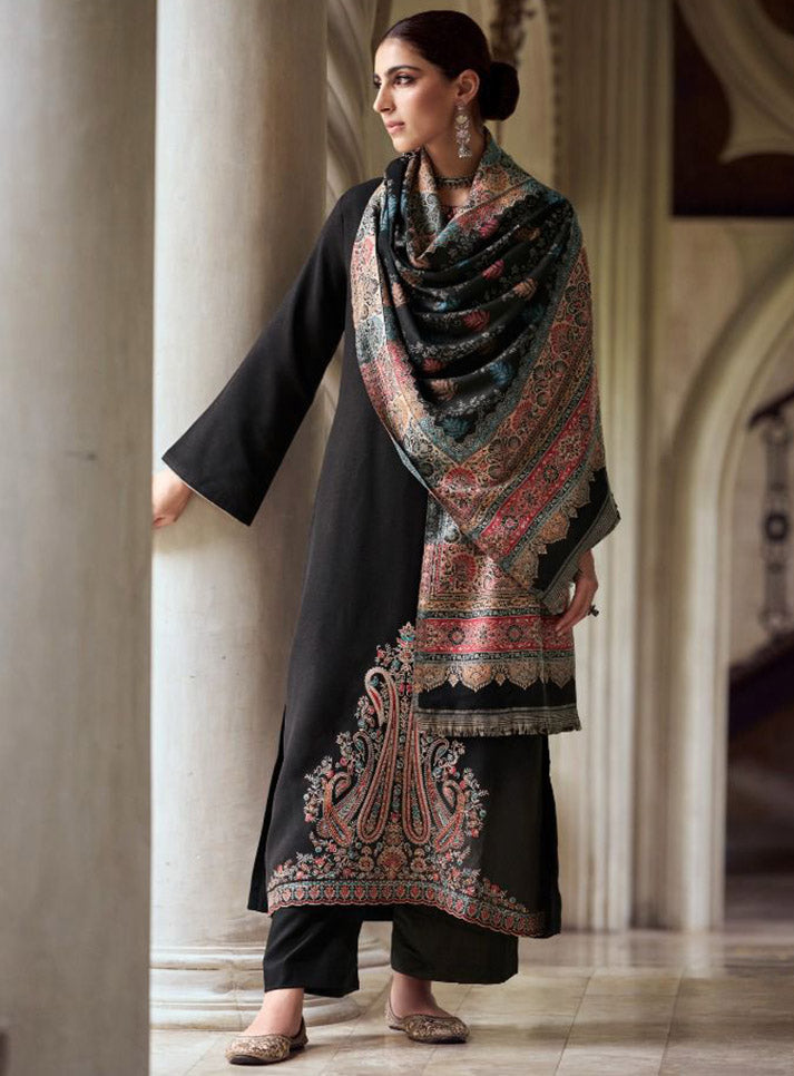 Black Unstitched Pashmina Winter Suit Material with Embroidery for Women