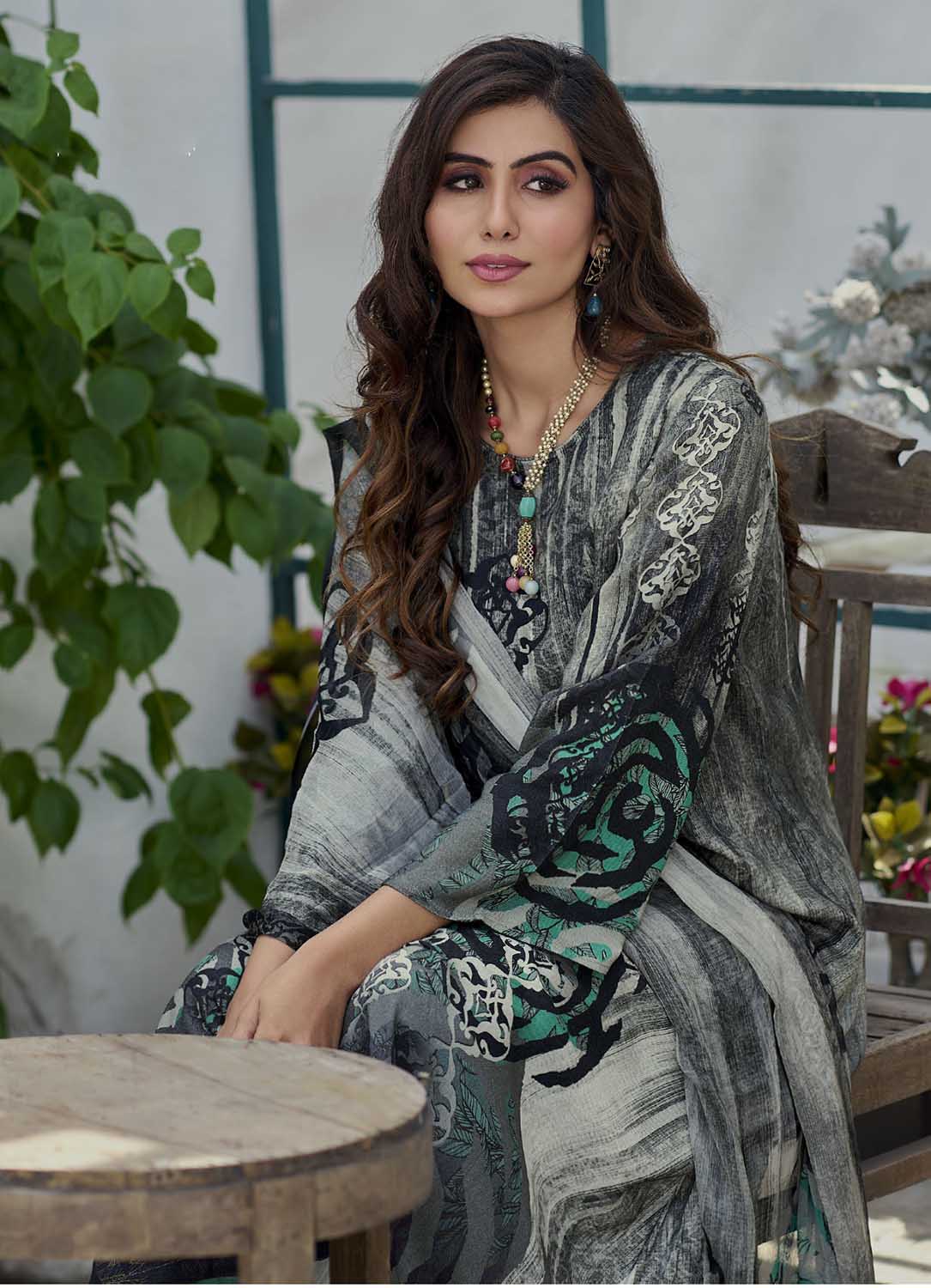 AQSA Party Wear Woolen Pashmina Black Winter Suit Dress Material AQSA