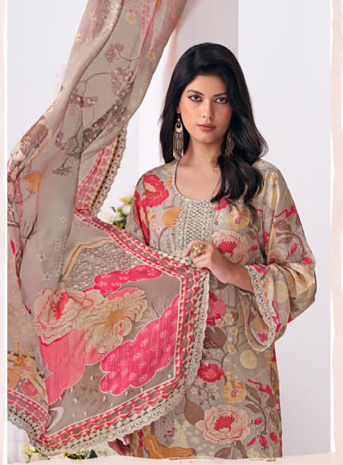 Party Wear Muslin Unstitched Pakistani Suit Dress Material with Embroidery