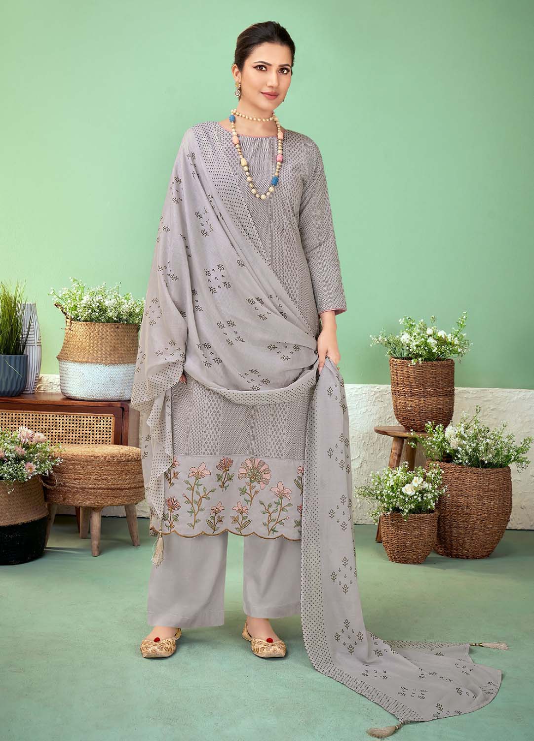Pure Lawn Cotton Women Salwar Suit Material Unstitched Grey