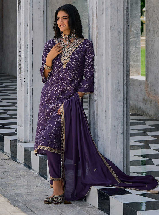 Pure Muslin with Heavy Embroidery Women Suit Dress Material Purple