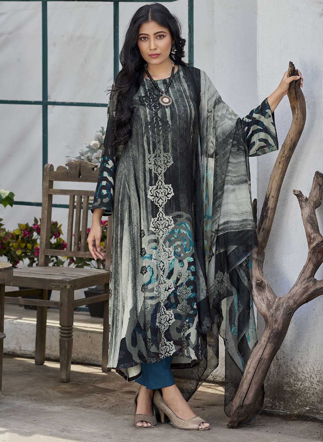 AQSA Latest Design Woolen Pashmina Black Winter Suit Dress Material AQSA