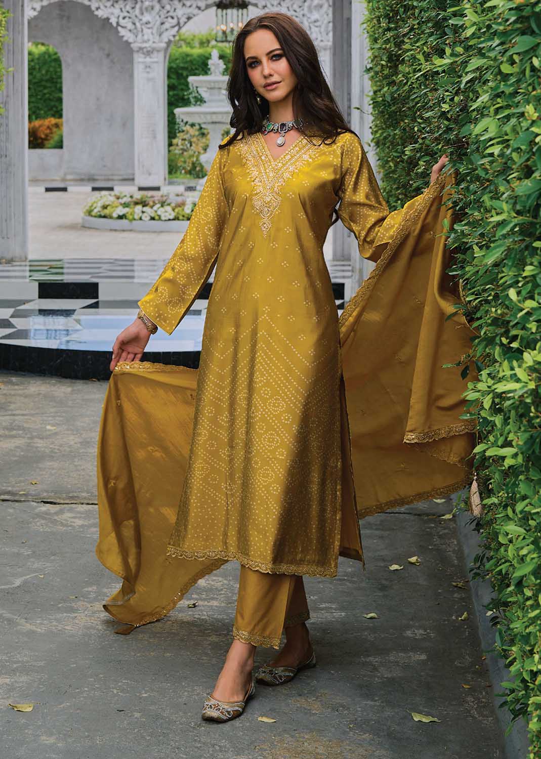 Pure Muslin with Heavy Embroidery Women Suit Dress Material Mustard
