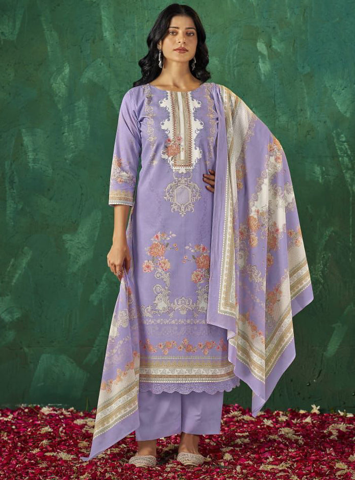 Pure Cotton Lawn Purple Unstitched Salwar Suit Material with Dupatta