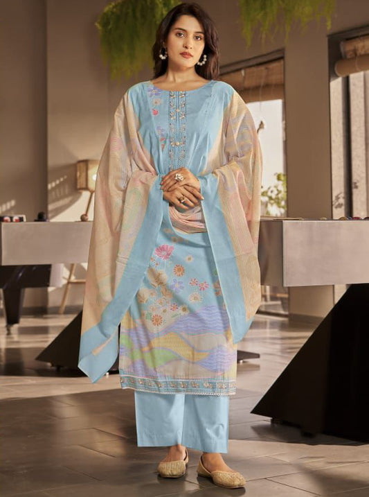 Pure Lawn Cotton Blue Unstitched Suit Summer Dress Material for Women