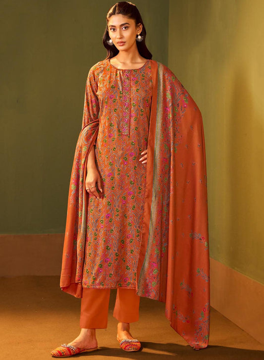 Oange Printed Unstitched Winter Salwar Suit Set Material for Women