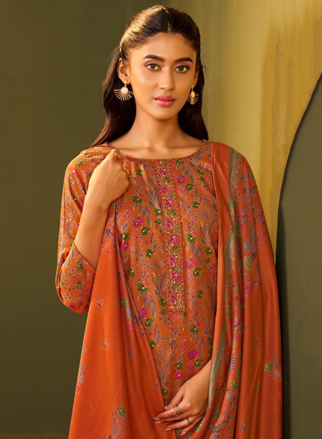 Oange Printed Unstitched Winter Salwar Suit Set Material for Women