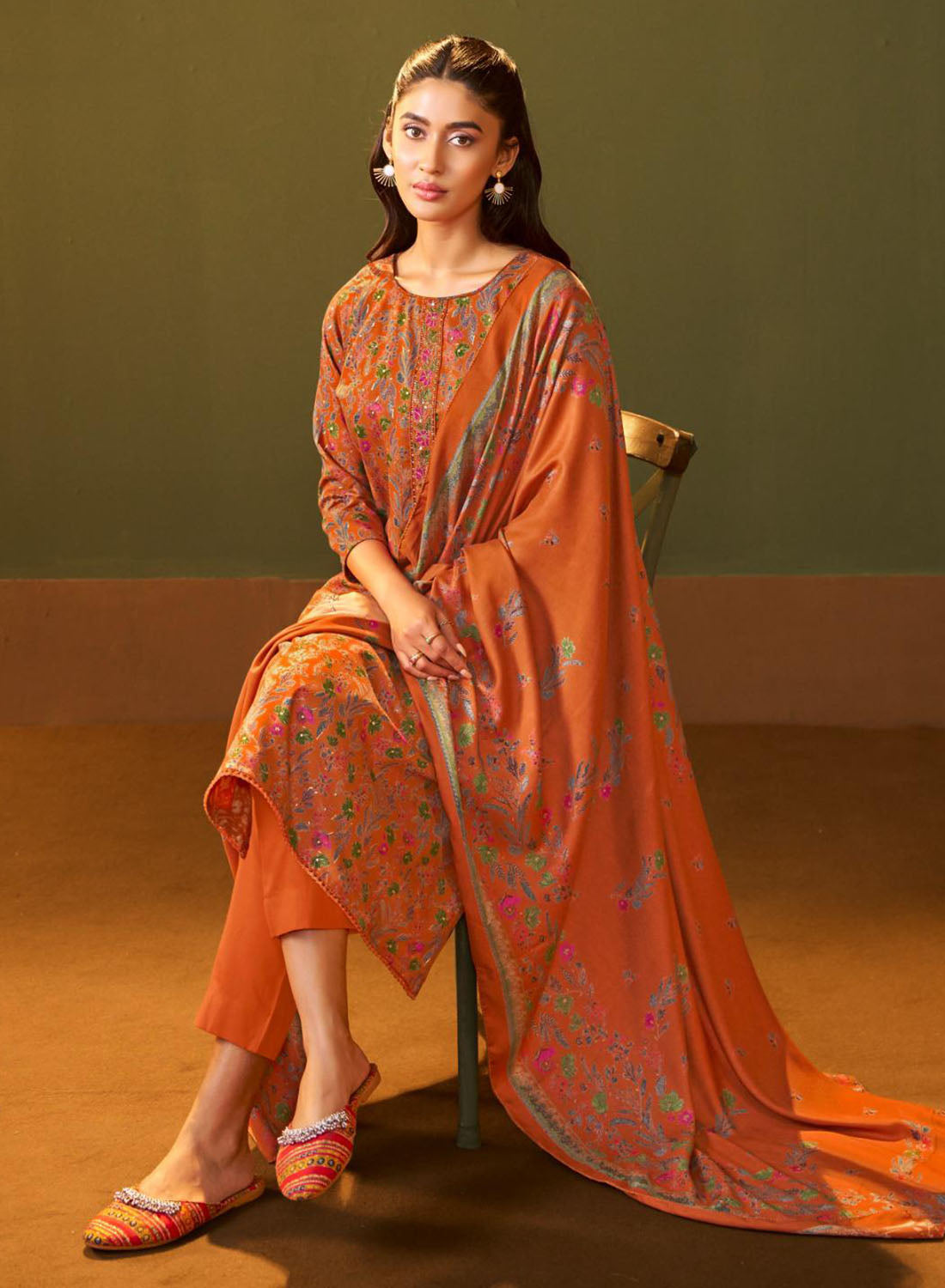 Oange Printed Unstitched Winter Salwar Suit Set Material for Women