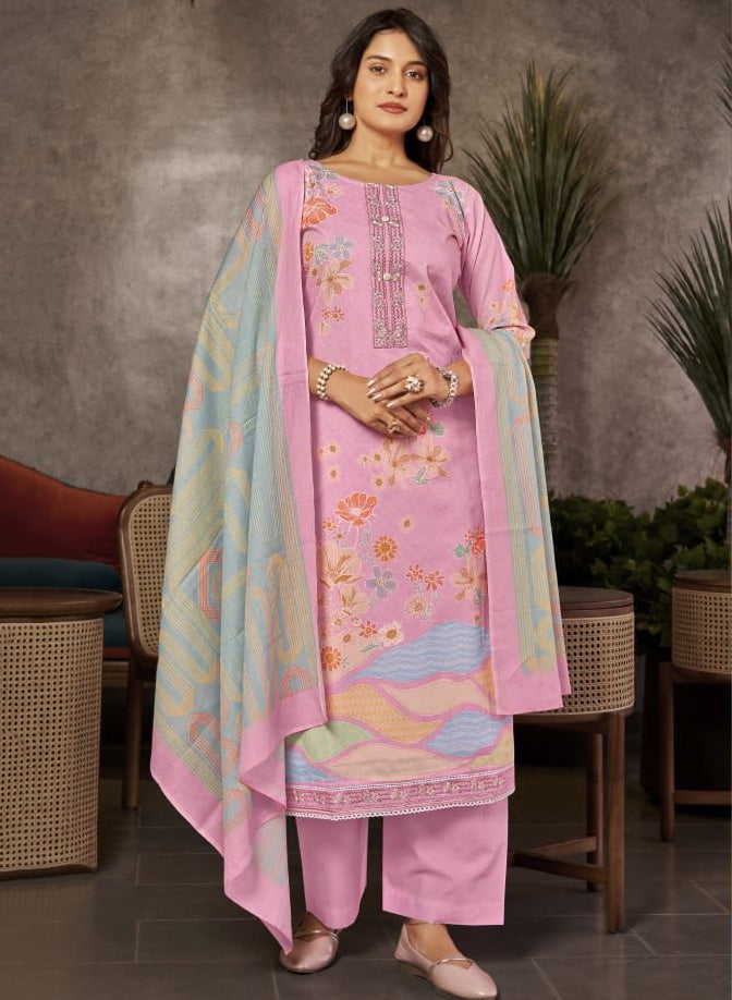 Pure Lawn Cotton Pink Unstitched Suit Summer Dress Material for Women
