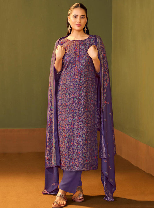 Purple Printed Unstitched Winter Salwar Suit Set Material for Women