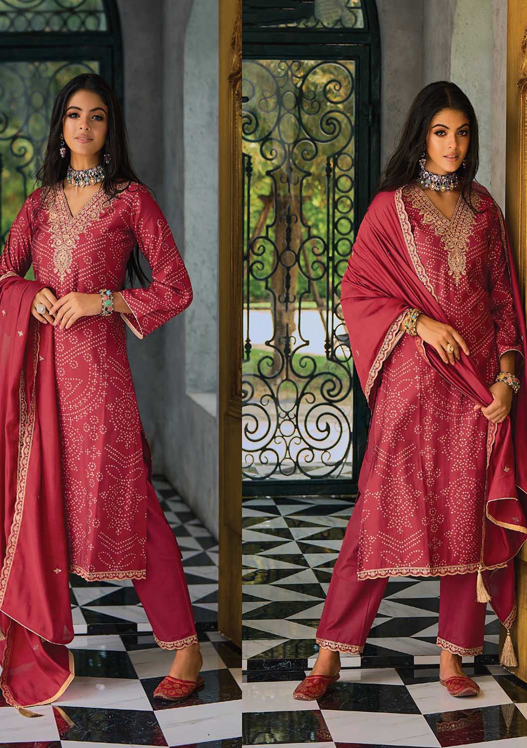 Pure Muslin with Heavy Embroidery Women Suit Dress Material Red