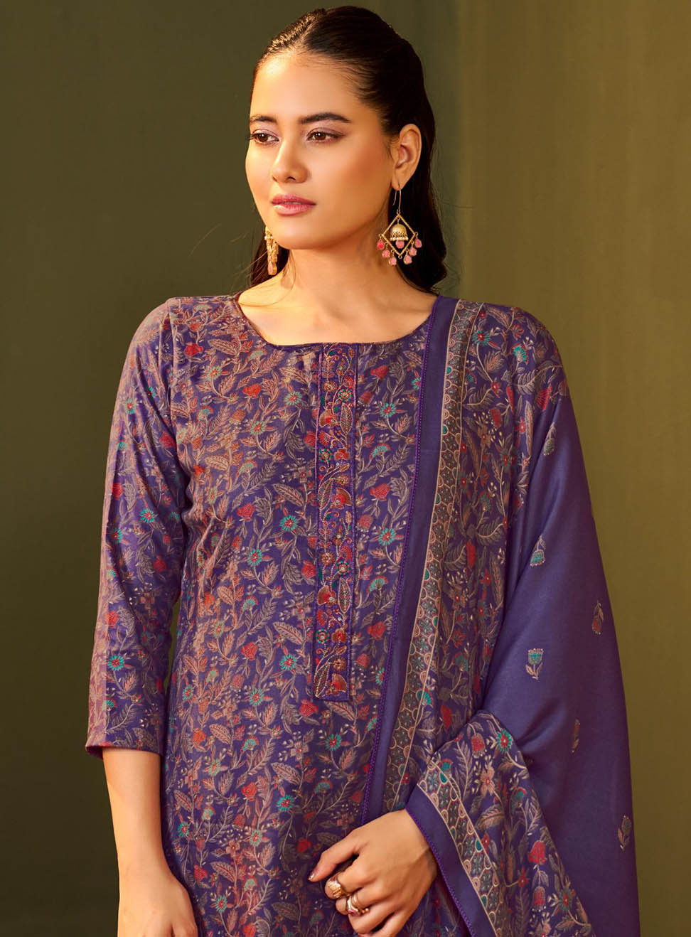 Purple Printed Unstitched Winter Salwar Suit Set Material for Women