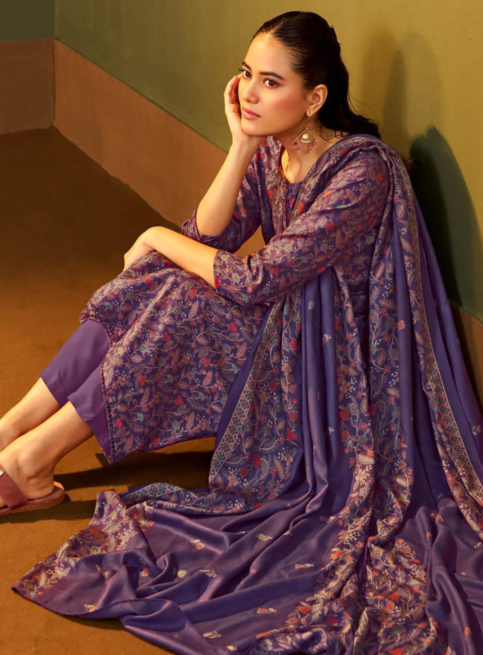 Purple Printed Unstitched Winter Salwar Suit Set Material for Women