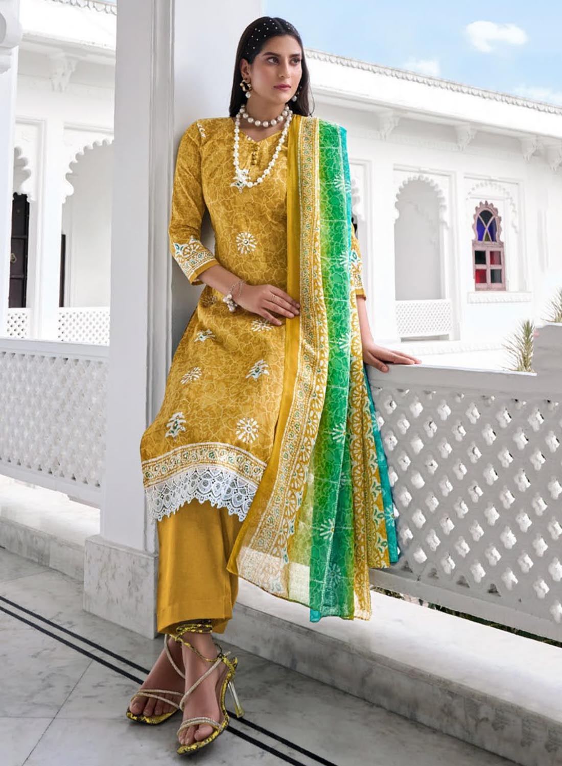 Pure Cotton Mustard Unstitched Suit Material with Mirror and Lace Work