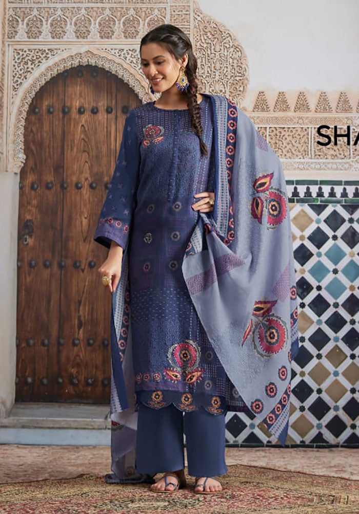 Sahiba Pure Cotton Satin Blue Salwar Suit Dress Materials for Women Sudriti Sahiba