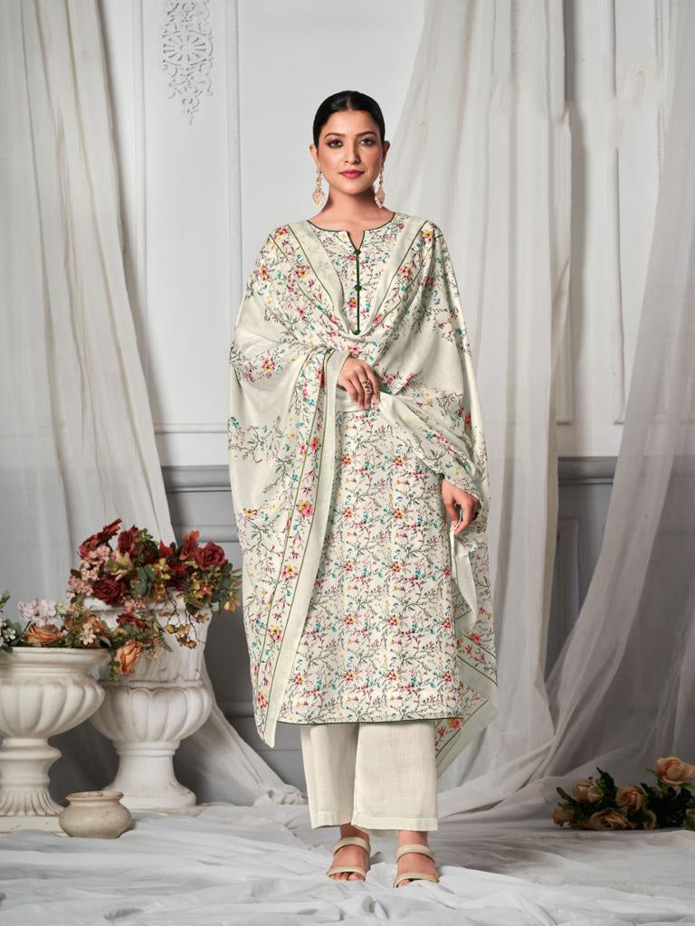 Simar Unstitched White Printed Suit Dress Material with Dupatta Simar