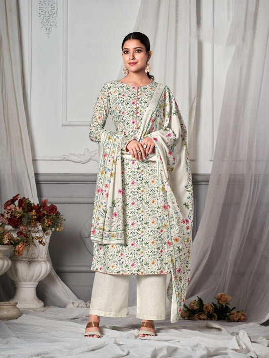 Simar Unstitched White Printed Cotton Suit Set with Dupatta
