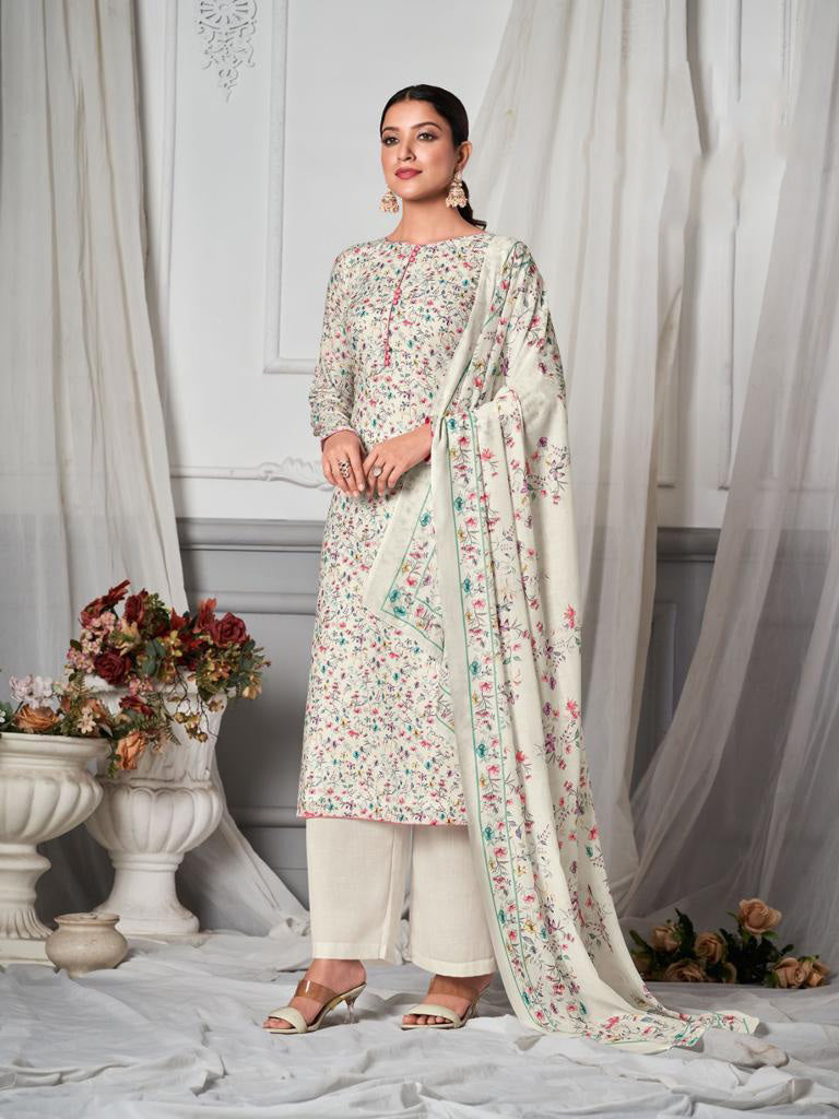 Simar Unstitched White Printed Suit Material with Dupatta Simar