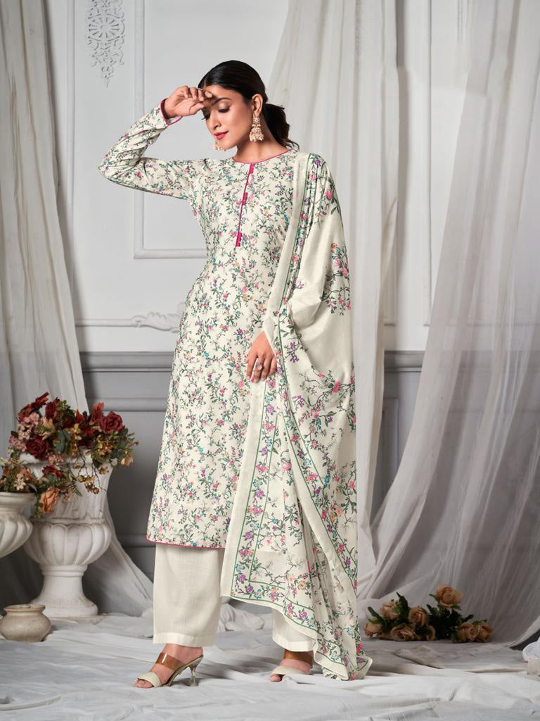 Simar Unstitched White Printed Women Cotton Suit with Dupatta Simar