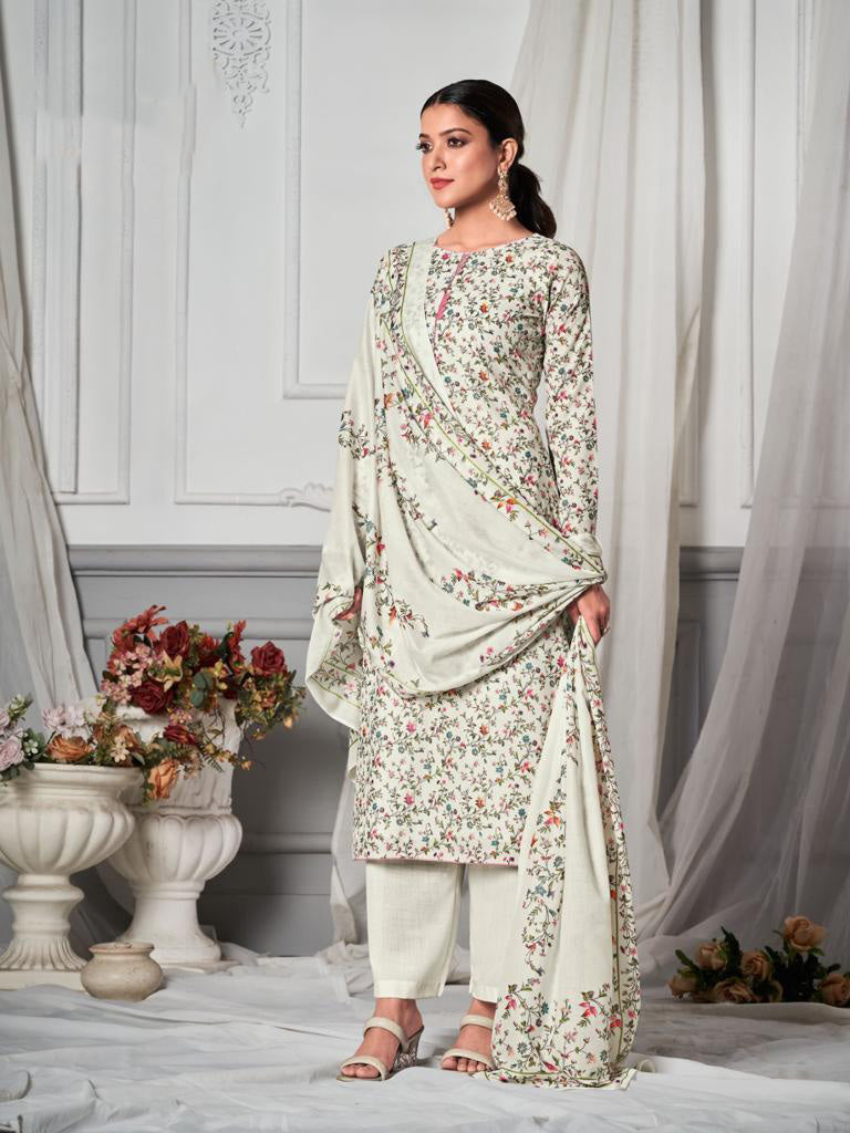 Simar Women Unstitched White Printed Cotton Suit Set Simar