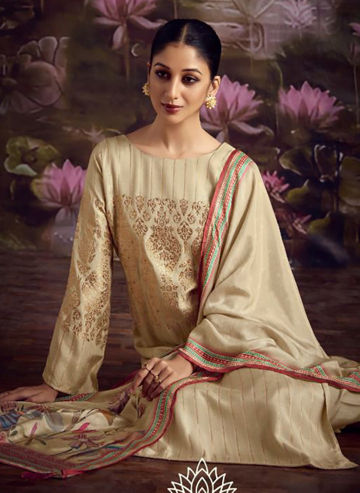 Party Wear Beige Soft Silk Unstitched Salwar Suit Dress Material for Women