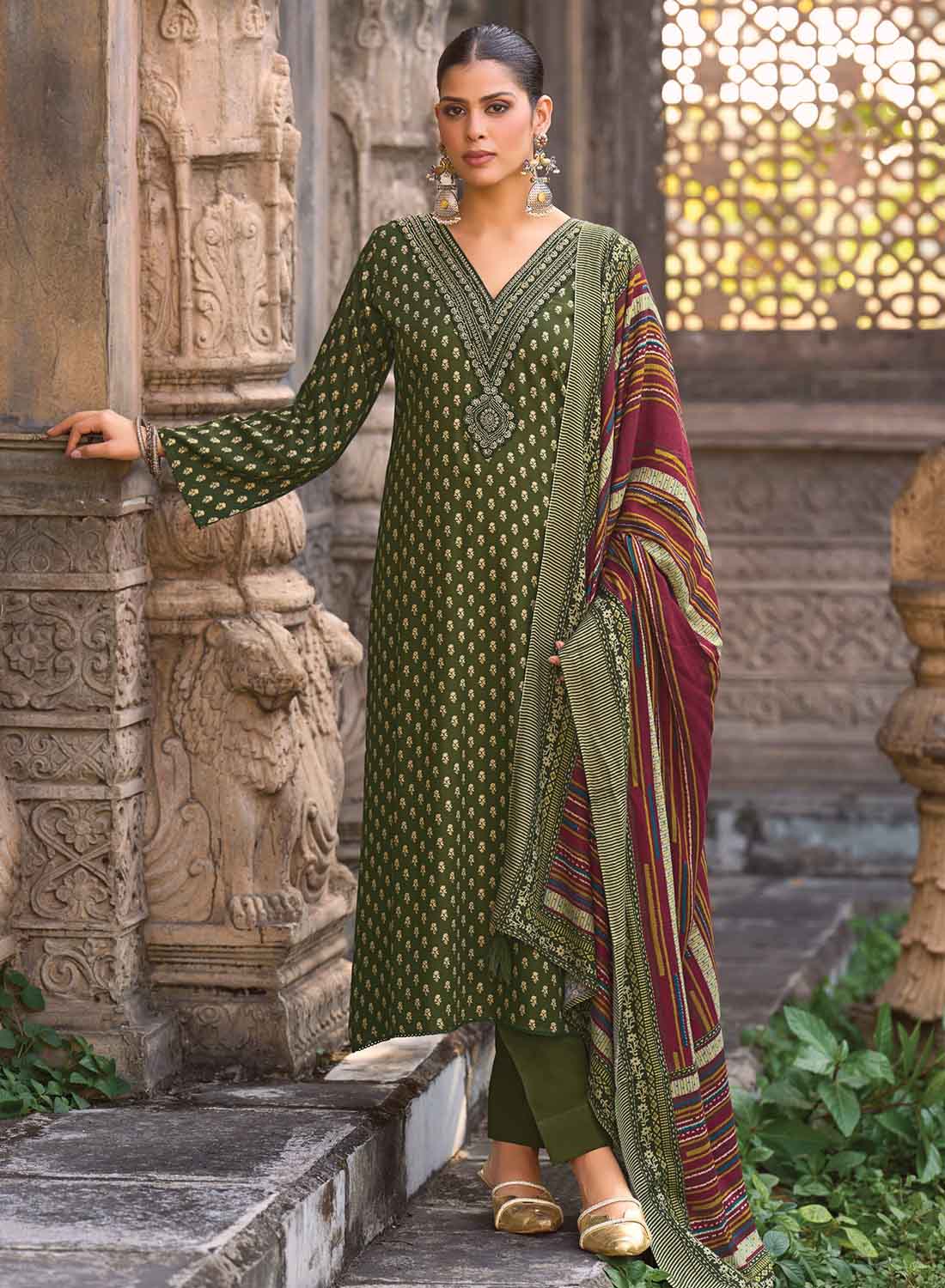 Green Party Wear Pashmina Unstitched Winter Salwar Suit Dress Material