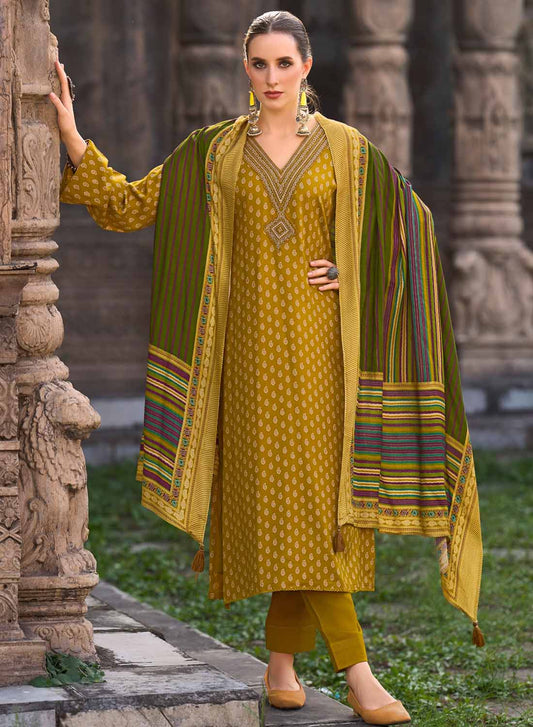 Mustard Party Wear Pashmina Unstitched Winter Salwar Suit Dress Material