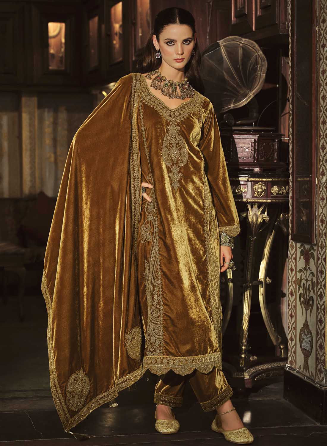 Mustard Party Wear Pakistani Unstitched Velvet Suit Dress Material