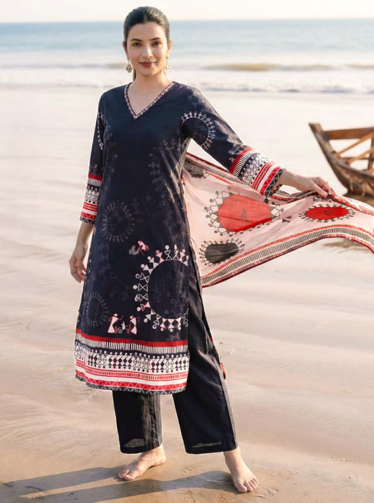 Pure Cotton Lawn Printed Black Unstitched Salwar Suit for Women
