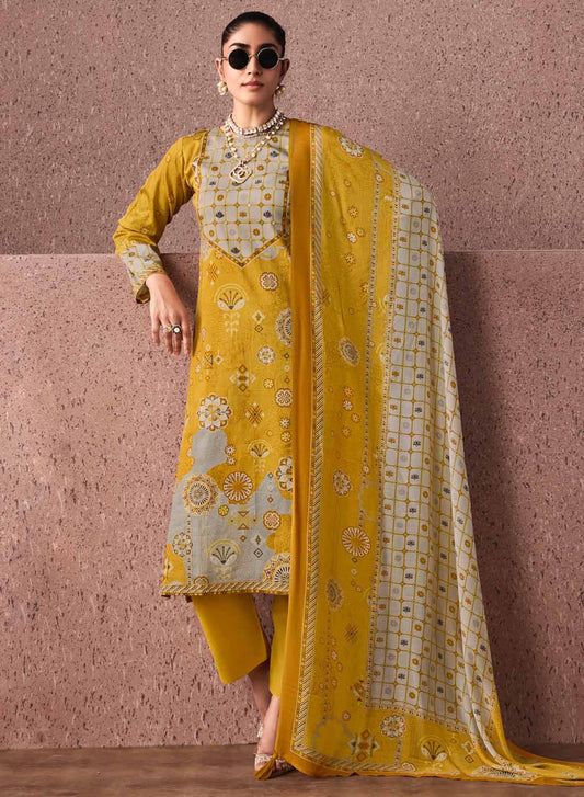 Yellow Unstitched Cotton Salwar Suit Dress Material with Muslin Dupatta