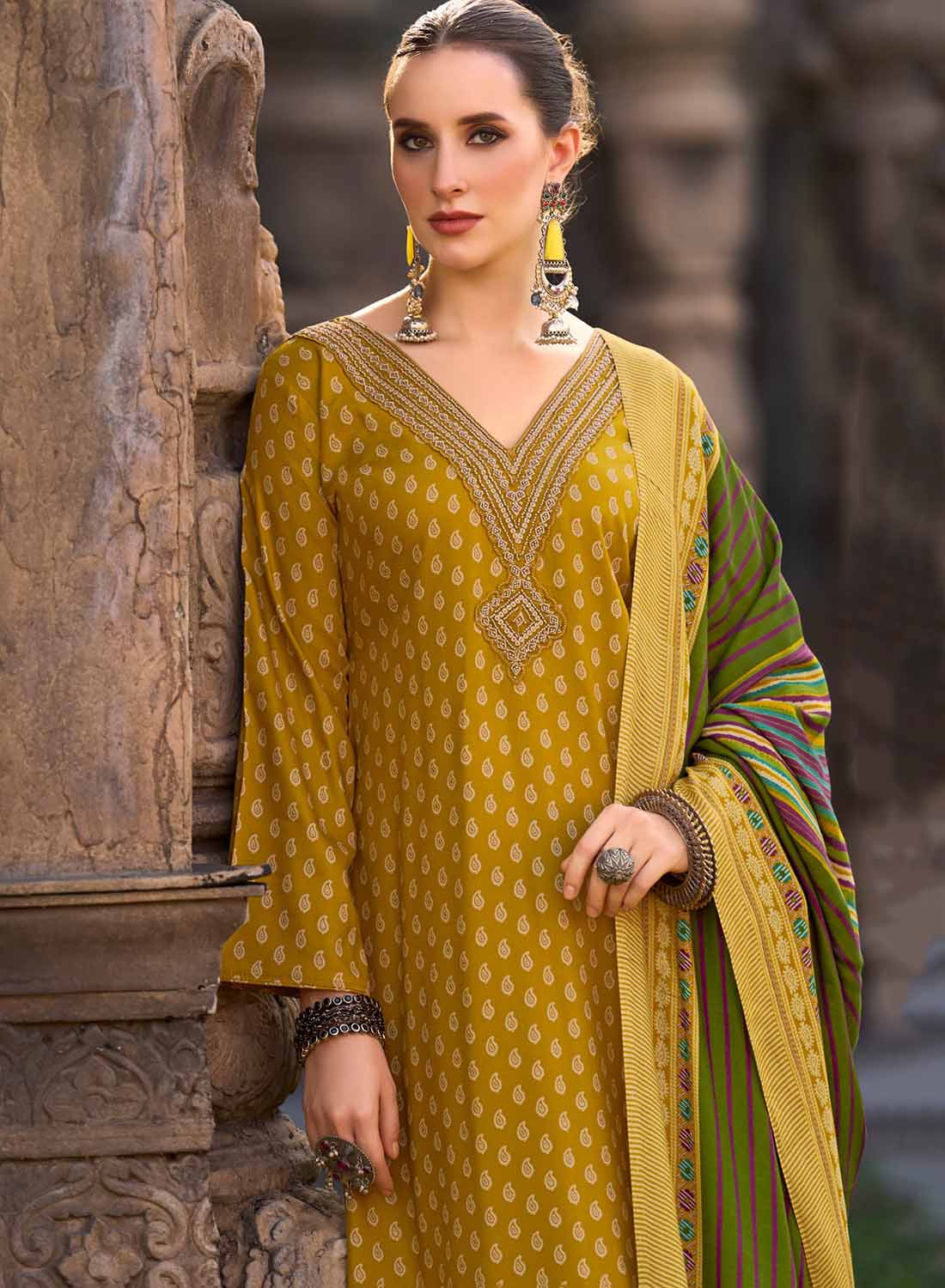 Mustard Party Wear Pashmina Unstitched Winter Salwar Suit Dress Material
